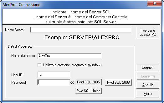 Finestra di connessione e accesso al Server SQL per AlexPro